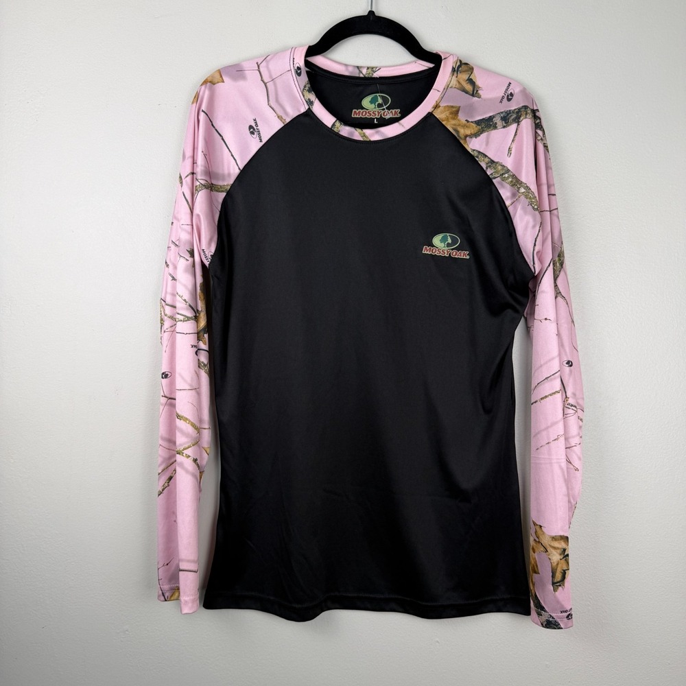 Mossy Oak Shirt Women's Large Black Pink Polyester Raglan Long Sleeve Pullover